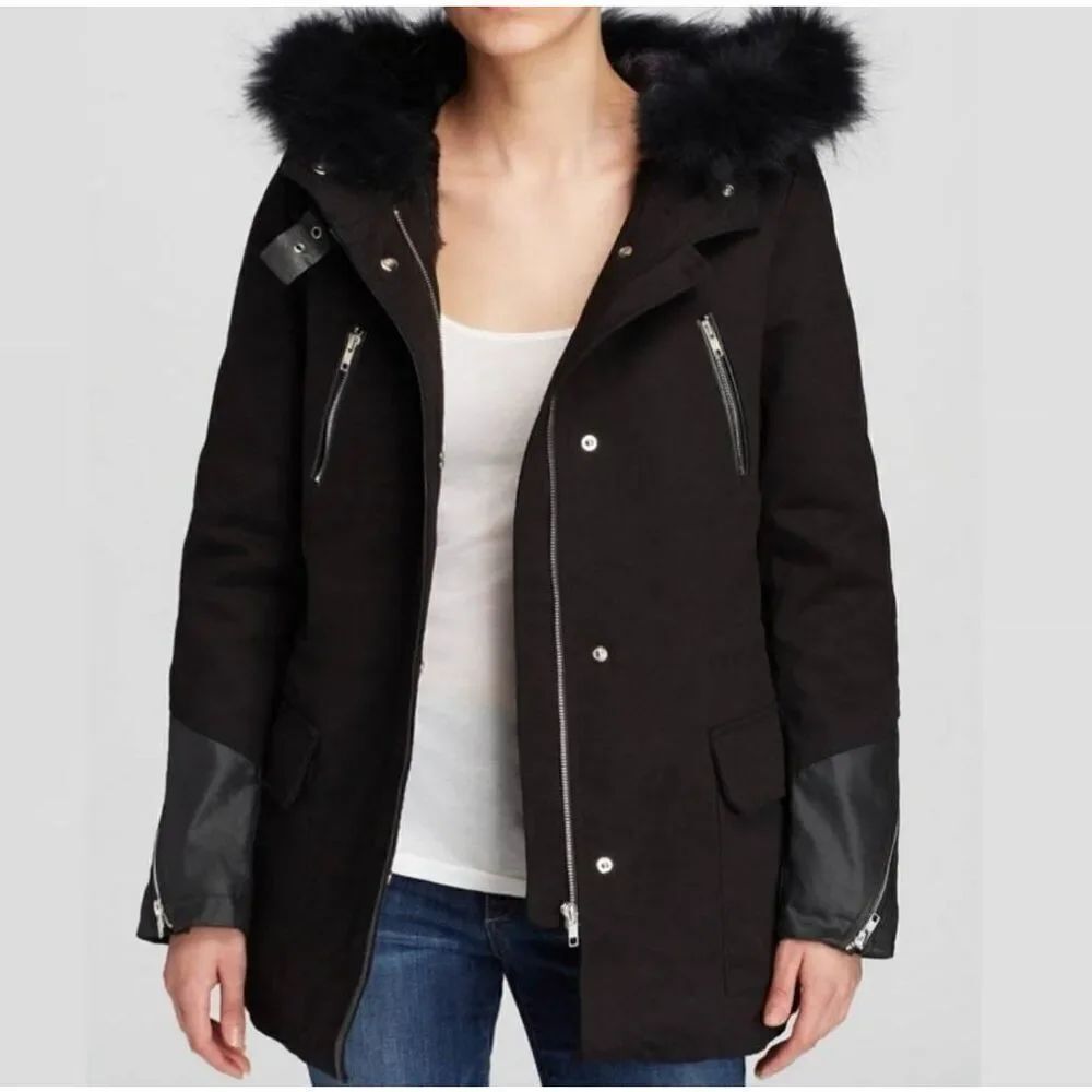 Maje Black Wool Faux Fur Hooded Gaferty Coat Size 1 Small